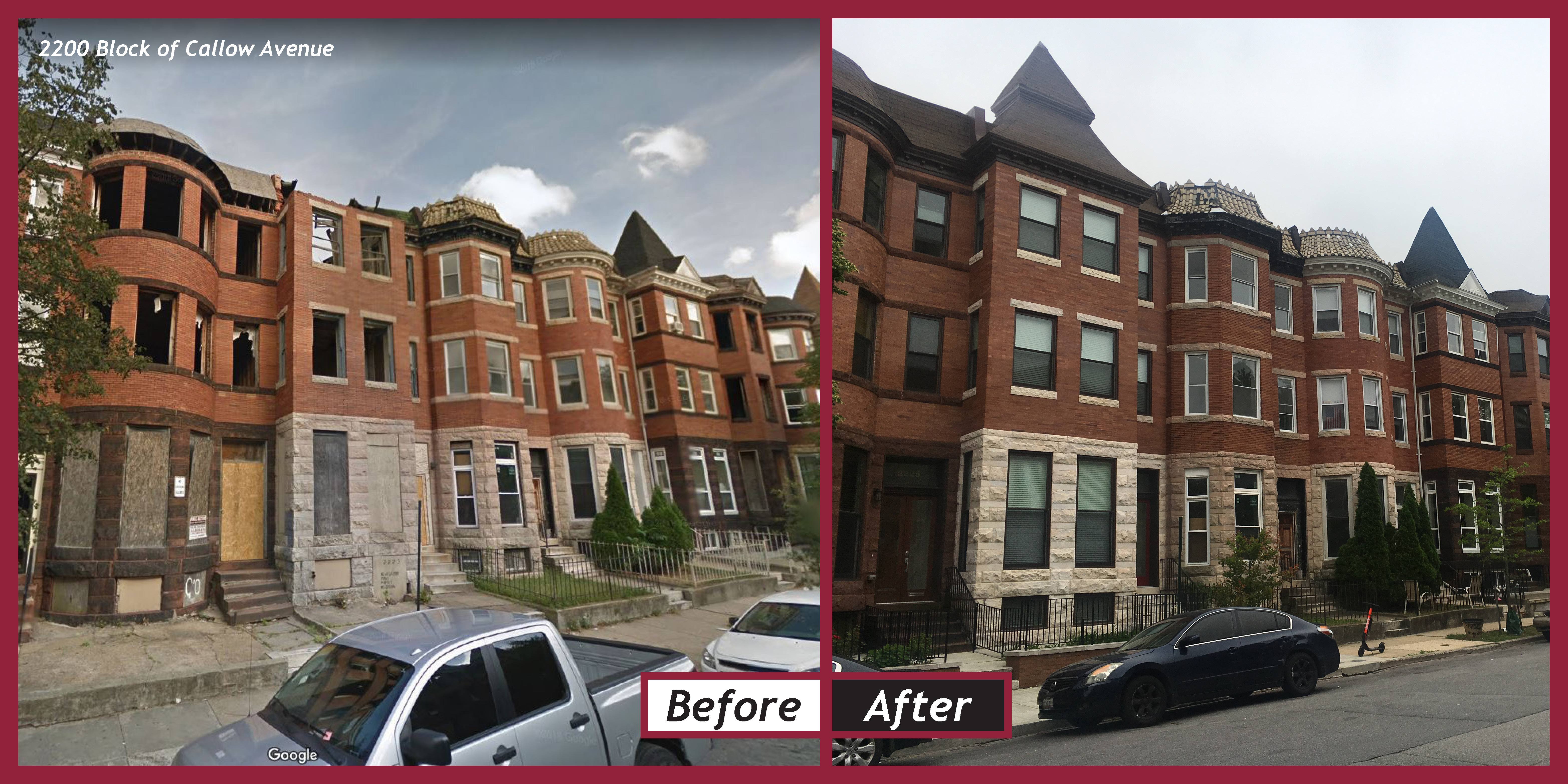 Before and after images of renovated rowhouses